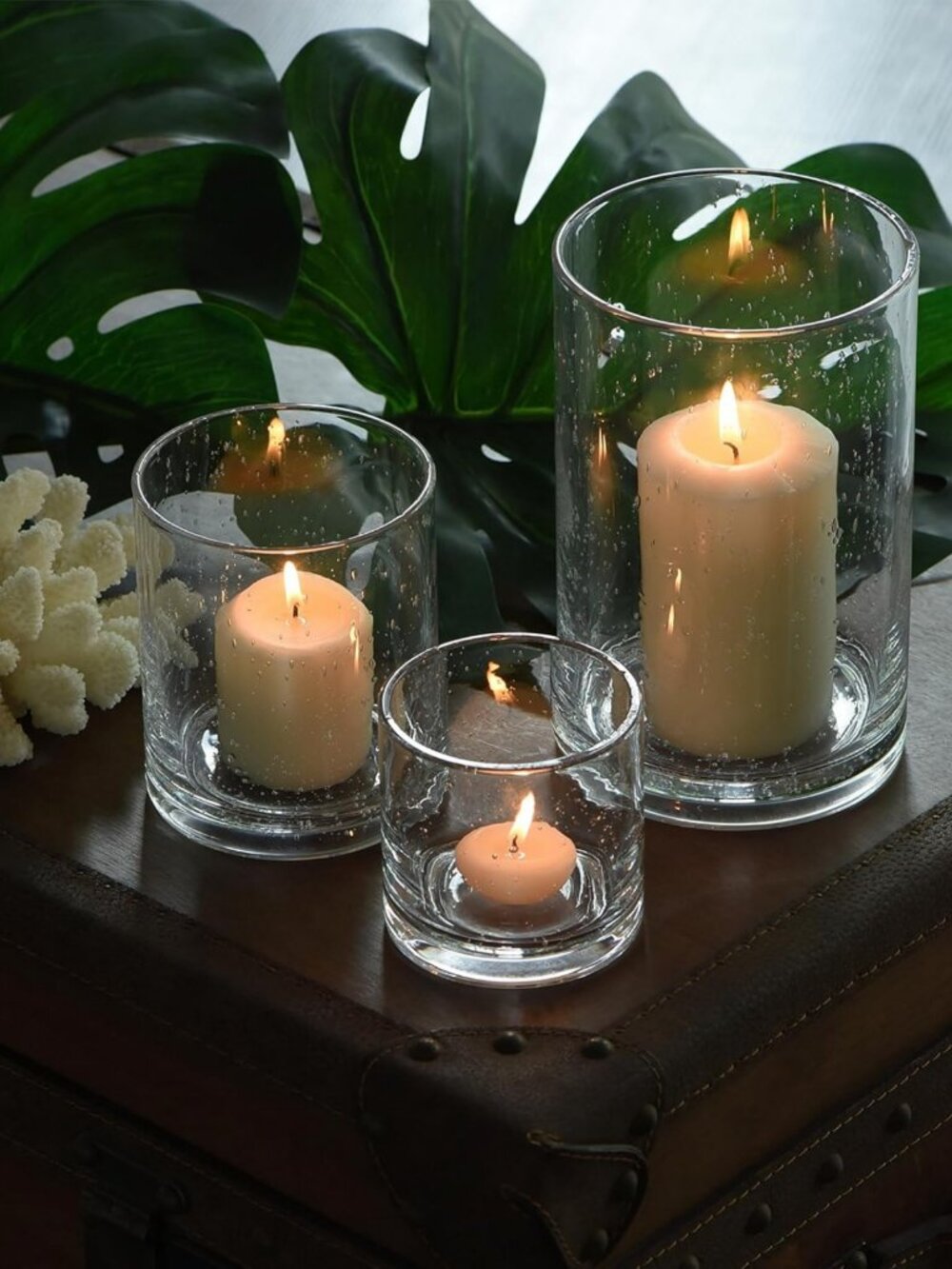 Set of 3 Clear Bubble Glass Candle Holders - Elegant Cylinder Design, 8/5/3 Inch
